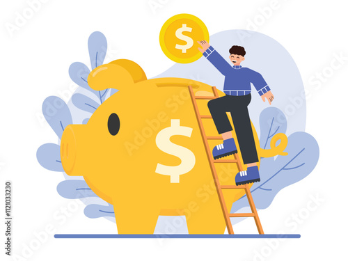 Business Illustration, Massive Piggy Bank with Coins and Ladder, Flat Vector Illustration.