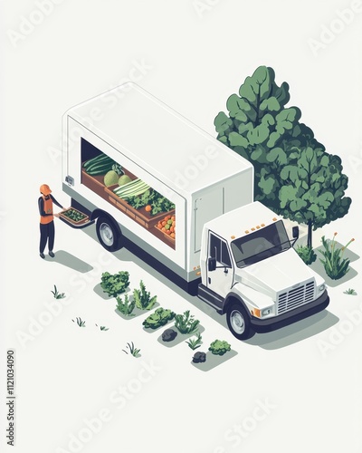 Delivery truck loaded with fresh produce near lush greenery.