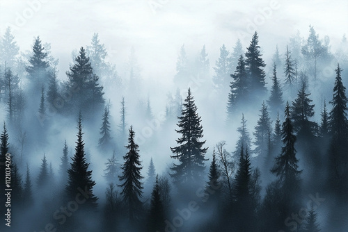 Misty Pine Forest in Mountainous Landscape with Dense Fog