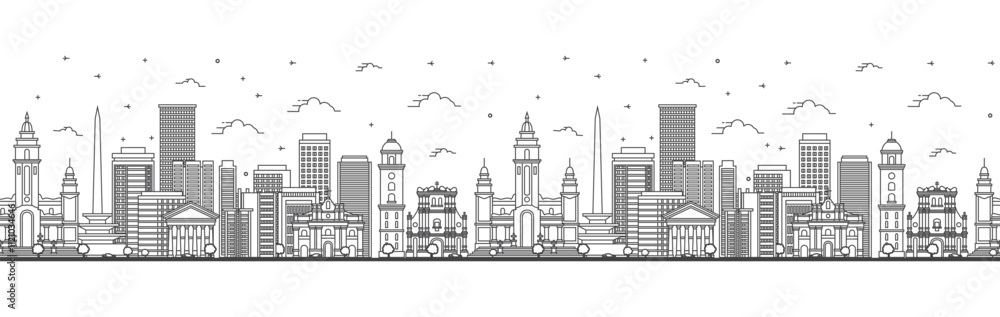 Naklejka premium Seamless pattern with Outline Caracas Venezuela City Skyline with Modern and Historic Buildings Isolated on White. Caracas Cityscape with Landmarks.
