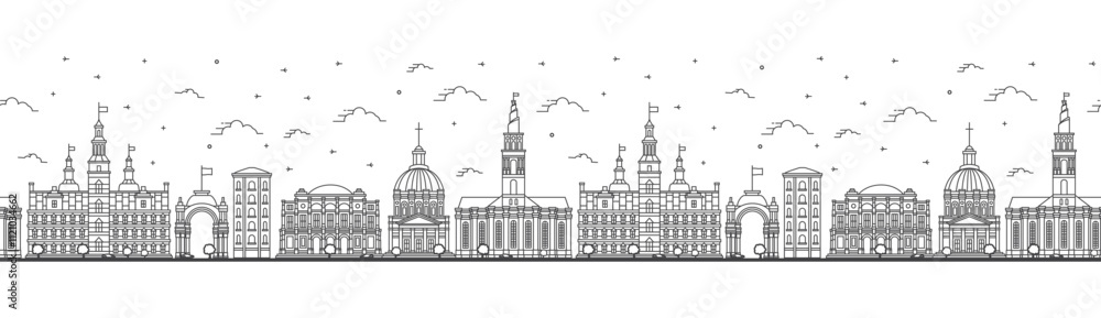 Fototapeta premium Seamless pattern with Outline Copenhagen Denmark City Skyline with Historic Buildings Isolated on White. Copenhagen Cityscape with Landmarks.