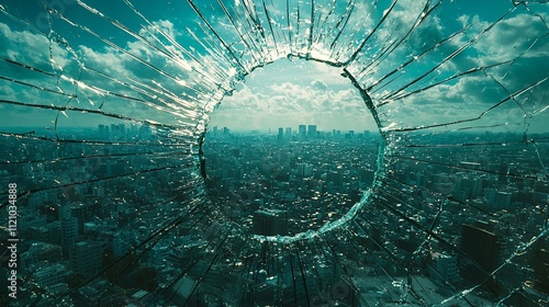 Broken window reveals cityscape, sunlight through cracks.