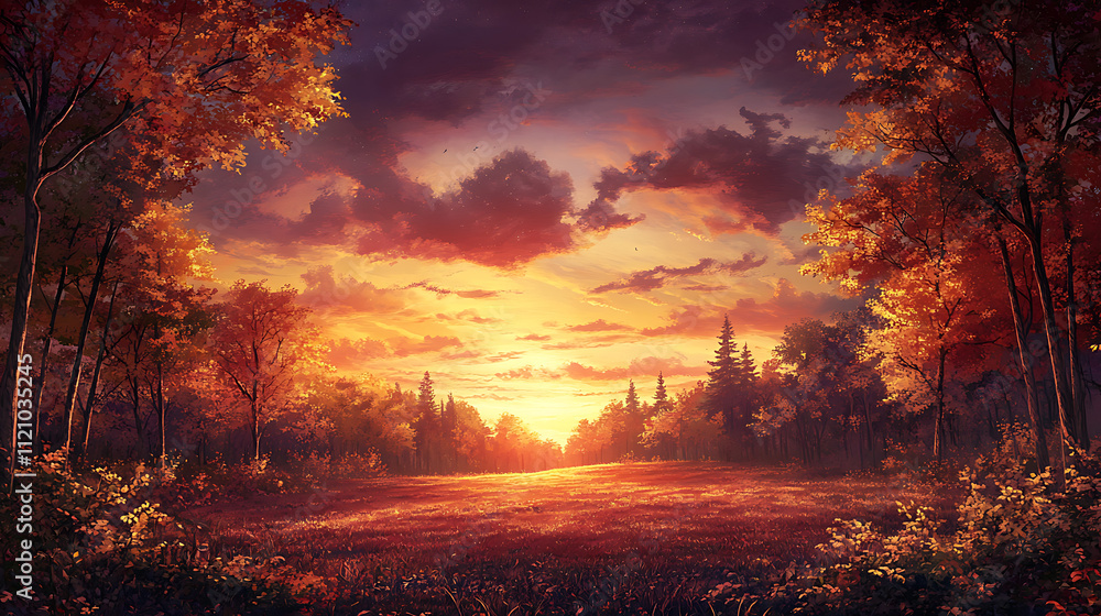 A field surrounded by deciduous trees in full autumn splendor, with a dramatic sunset in the background. A field surrounded by deciduous trees in full autumn splendor, with a dramatic sunset in the background.