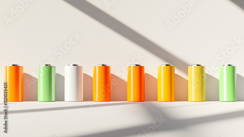 orange and green electric batteries placed on a grey background, casting long shadows. This seamless design highlights the power and energy, ideal for stock images related to energy banner photo