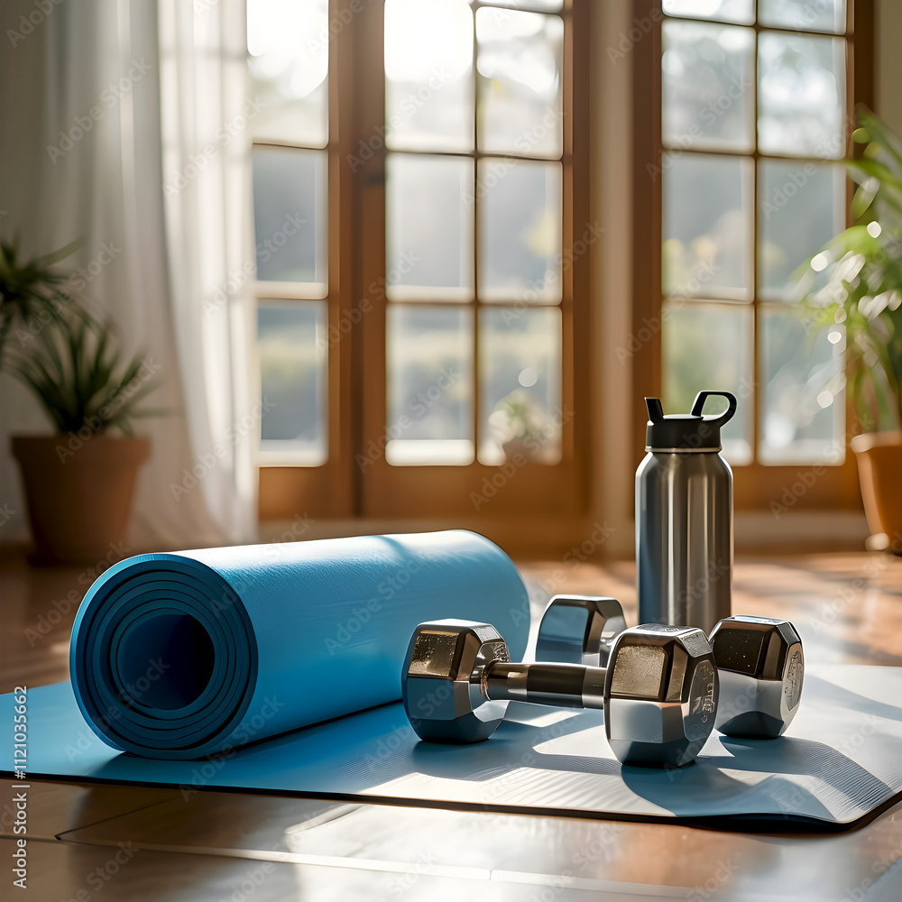 Exercise equipment on a wooden floor, fitness concept Exercise equipment on a wooden floor, fitness concept