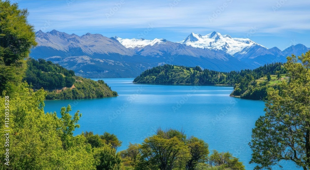 Scenic view of mountains and a tranquil lake under a clear sky. Scenic view of mountains and a tranquil lake under a clear sky.