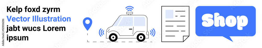 Autonomous vehicle with wireless signals, document, location pin, and shop button. Ideal for technology, delivery, logistics, online shopping, and smart services. Banner for landing page Autonomous vehicle with wireless signals, document, location pin, and shop button. Ideal for technology, delivery, logistics, online shopping, and smart services. Banner for landing page