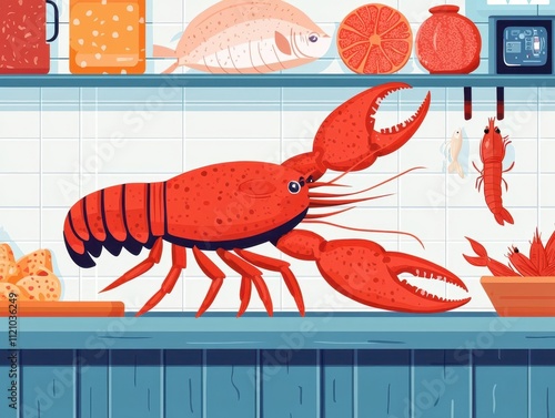 Fresh seafood stall with lobsters and fish on display, flat design illustration photo