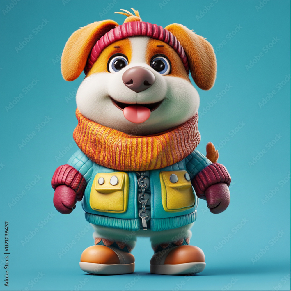 Fototapeta premium 3d colorful dog character in winter clothes, banner, web, design.