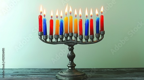 Colorful candles lit on a menorah against a light background. photo