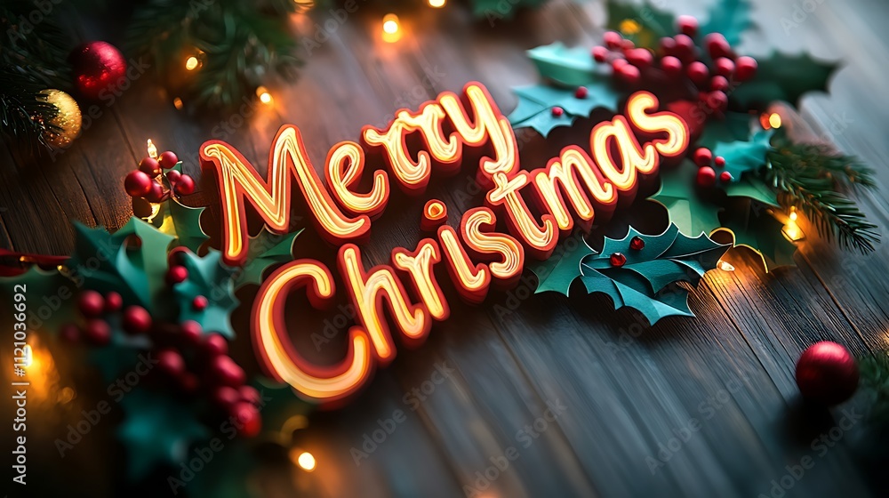 Merry Christmas kirigami paper craft letters decorated with detailed holly leaves and clusters of berries, softly glowing with warm light, set against a textured wood-and-ribbon festive background, Merry Christmas kirigami paper craft letters decorated with detailed holly leaves and clusters of berries, softly glowing with warm light, set against a textured wood-and-ribbon festive background,