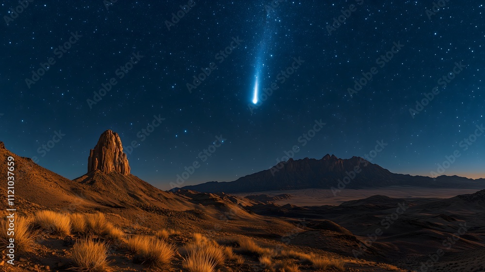 Obraz premium bright comet streaking across the night sky above dark mountain peaks, casting a soft glow over the rugged landscape beneath the starry sky