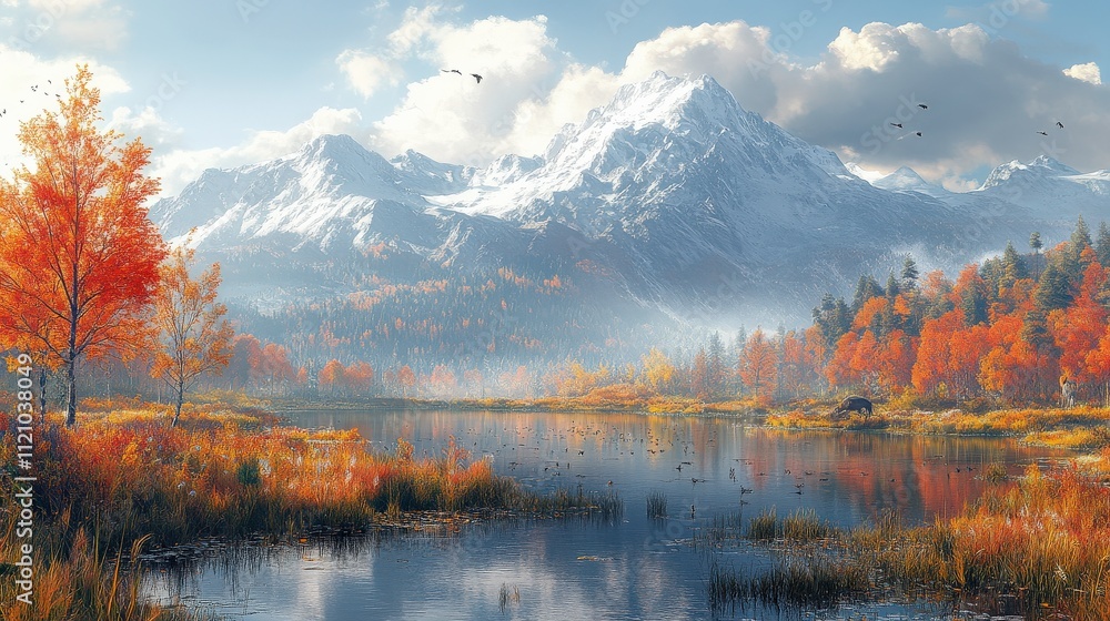 Scenic autumn landscape with vibrant orange trees, tranquil lake reflections, majestic snow-capped mountains and clear blue sky filled with soft clouds Scenic autumn landscape with vibrant orange trees, tranquil lake reflections, majestic snow-capped mountains and clear blue sky filled with soft clouds