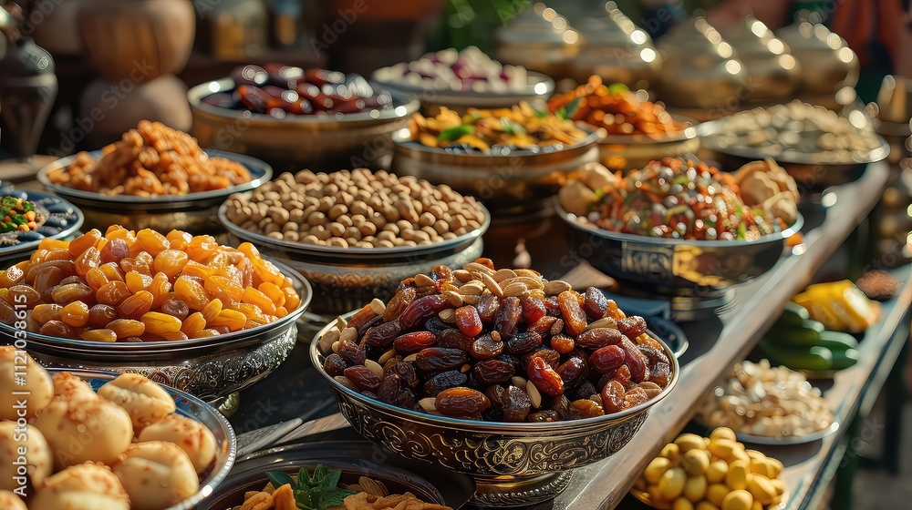 Exotic Middle Eastern Dried Fruits, Nuts, and Sweets Market Display Exotic Middle Eastern Dried Fruits, Nuts, and Sweets Market Display