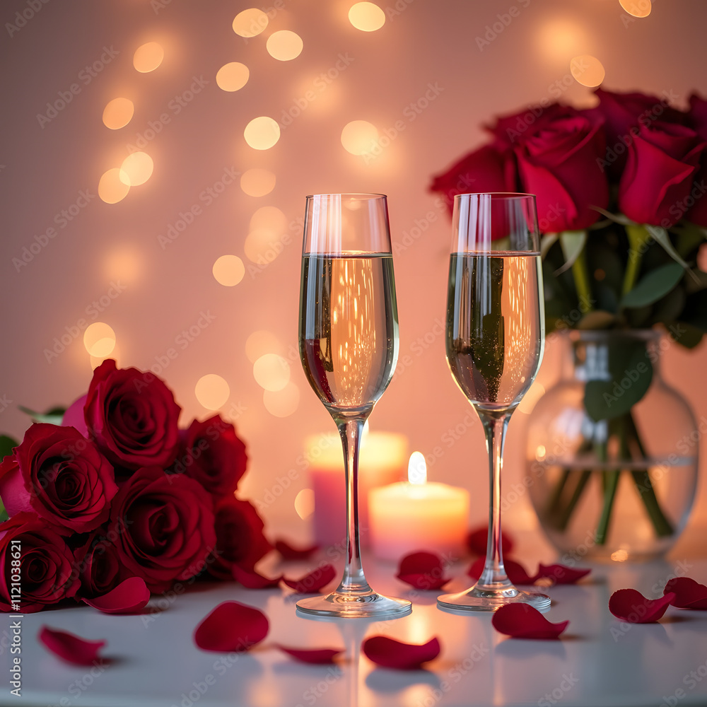 Romantic Valentine’s Day Scene with Champagne and Roses Romantic Valentine’s Day Scene with Champagne and Roses