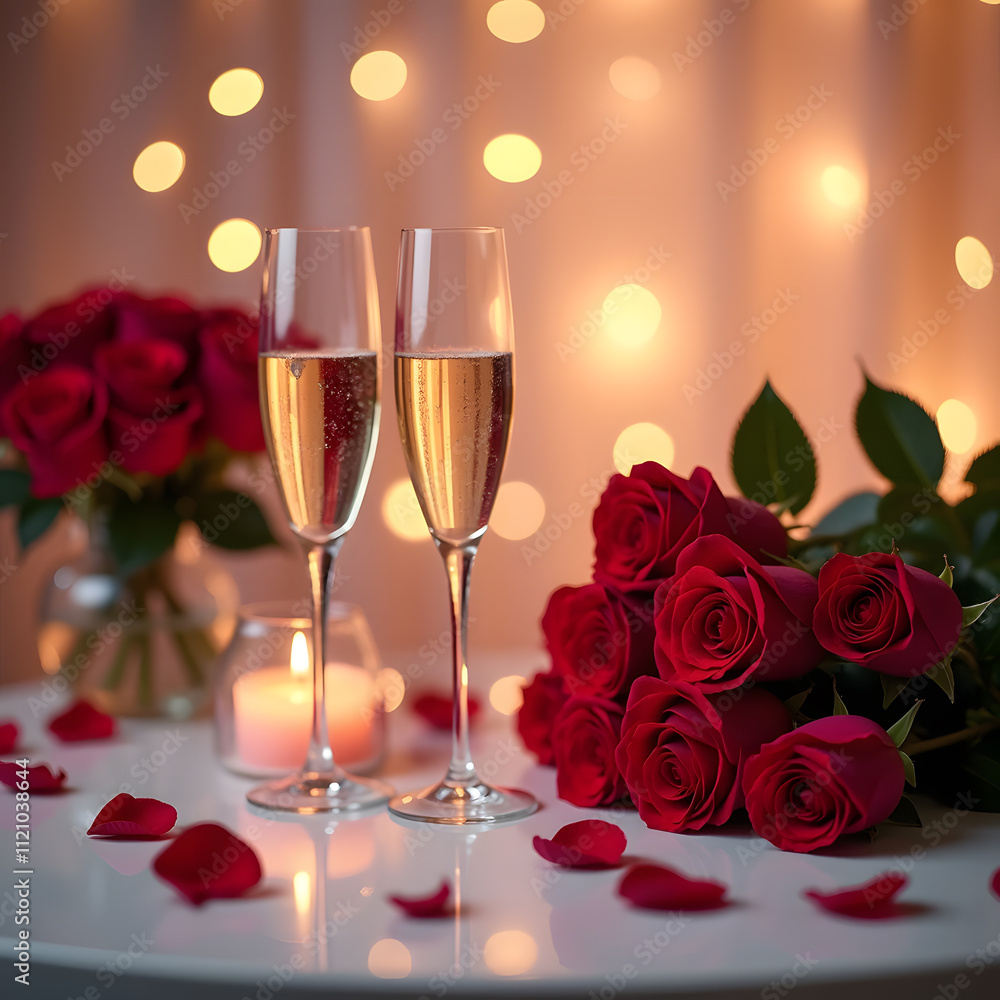 Romantic Valentine’s Day Scene with Champagne and Roses Romantic Valentine’s Day Scene with Champagne and Roses