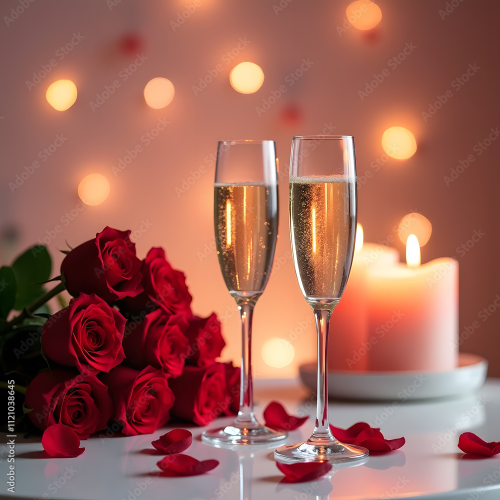 Romantic Valentine’s Day Scene with Champagne and Roses Romantic Valentine’s Day Scene with Champagne and Roses
