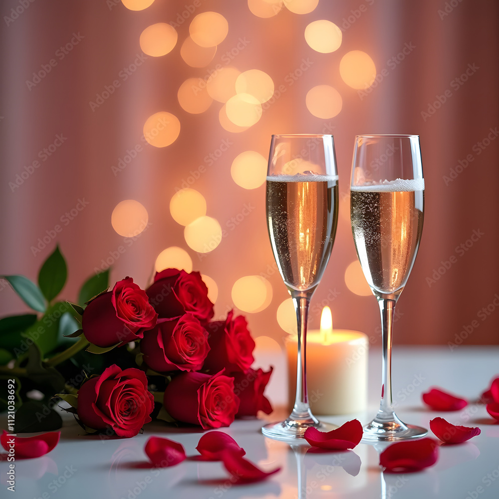 Romantic Valentine’s Day Scene with Champagne and Roses Romantic Valentine’s Day Scene with Champagne and Roses