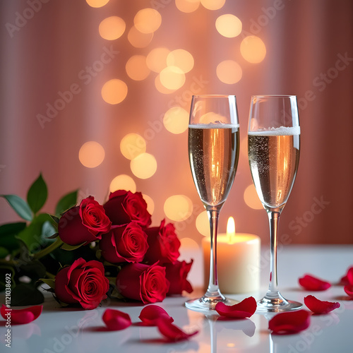 Romantic Valentine’s Day Scene with Champagne and Roses