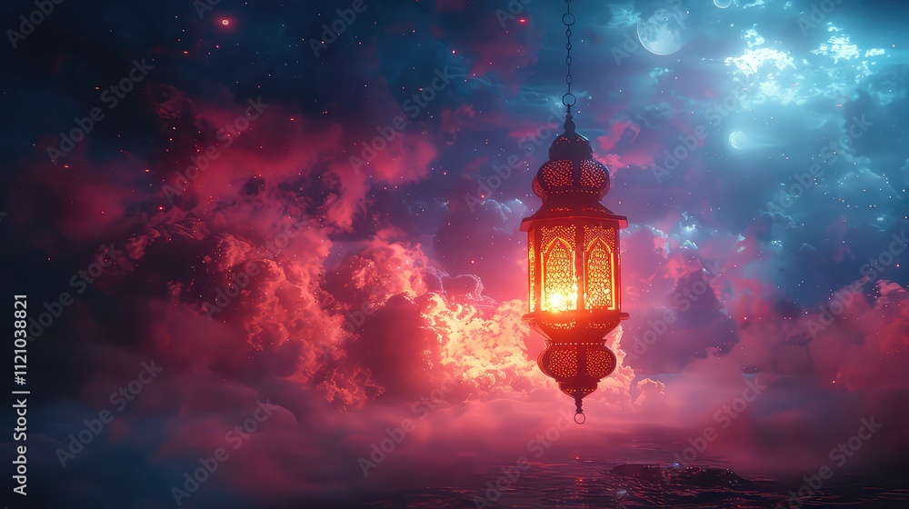 Obraz premium Ramadan Nightscape Illuminated Lantern, Celestial Clouds, Moonlit Sky