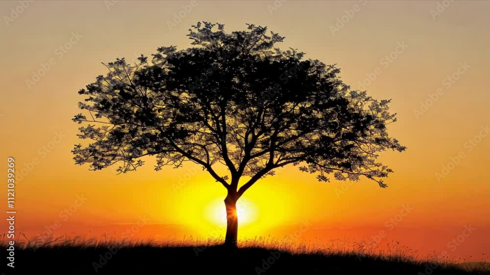 Silhouette of tree against vibrant sunset, showcasing warm colors in evening sky, evoking tranquility and peace in natures beautiful landscape. Silhouette of tree against vibrant sunset, showcasing warm colors in evening sky, evoking tranquility and peace in natures beautiful landscape.