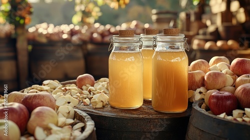 Three glass jars of fresh apple cider sit on wooden barrels, surrounded by apples and apple slices. Perfect for autumn themes, healthy eating, or apple harvest concepts. photo