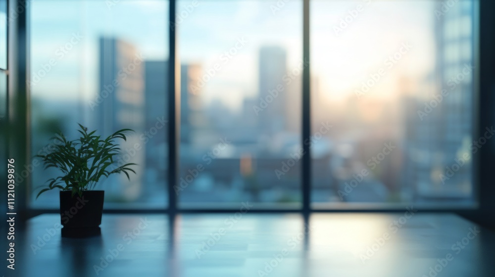 Fototapeta premium Softly Blurred Background of a Modern Office Interior, With Panoramic Windows and the Glow of Sunset Light