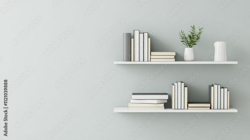 Minimalist bookshelf with neatly arranged books and small plant, creating serene and organized atmosphere. soft color palette enhances calmness of space Minimalist bookshelf with neatly arranged books and small plant, creating serene and organized atmosphere. soft color palette enhances calmness of space