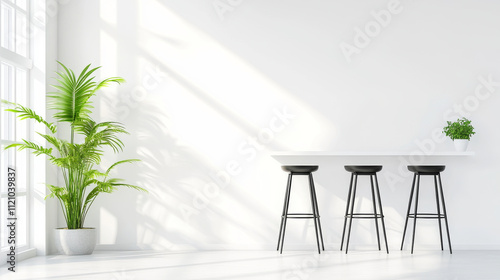 Bright and airy interior featuring minimalist design with white table and three black stools. lush green plant adds touch of nature, enhancing serene atmosphere photo