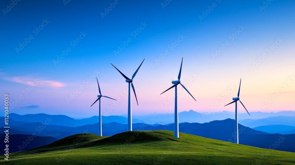 Wind Power Silhouette: Wind turbines stand tall against a majestic mountain range as the sun sets, painting the sky with vibrant hues of pink and blue. A powerful symbol of clean energy. Wind Power Silhouette: Wind turbines stand tall against a majestic mountain range as the sun sets, painting the sky with vibrant hues of pink and blue. A powerful symbol of clean energy.