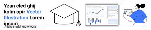 Graduation cap, data analysis chart with graphs, and person holding tablet. Ideal for education, data analysis, technology, research, graduation, learning, digital. Landing page
