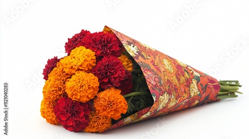 A bold bouquet of red and orange marigolds wrapped in patterned paper featuring traditional motifs, isolated on white photo