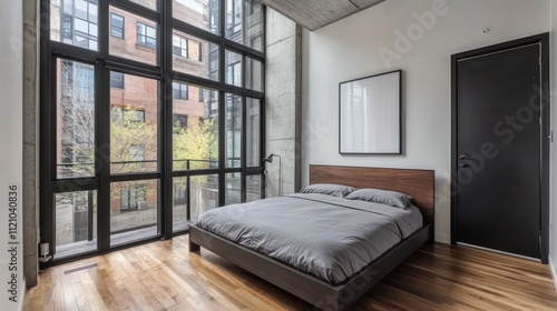 Modern bedroom with large windows, hardwood floors, and minimalist design.