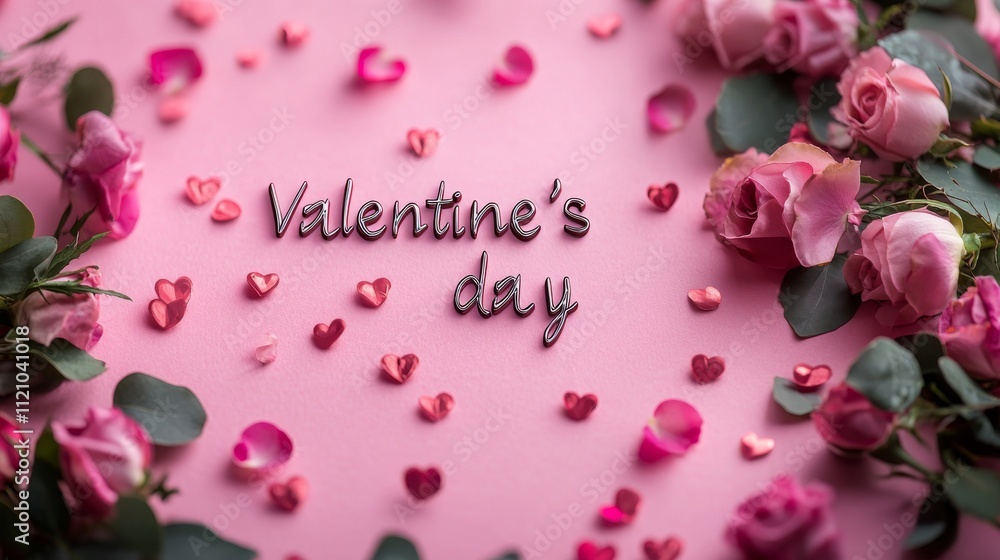 Pink petals and a rose with Valentines Day text. Suitable for romantic greeting cards, social media posts, or love themed designs Pink petals and a rose with Valentines Day text. Suitable for romantic greeting cards, social media posts, or love themed designs