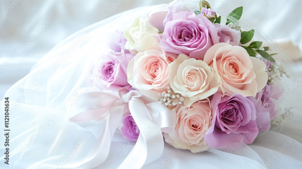 Obraz premium A romantic bouquet of pastel roses and peonies wrapped in soft ombre tissue paper, secured with a satin ribbon, on a clean background