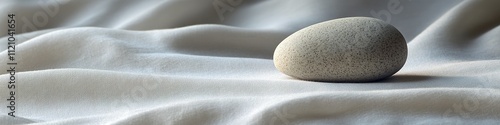 solitary pebble resting on smooth white fabric in soft focus photo