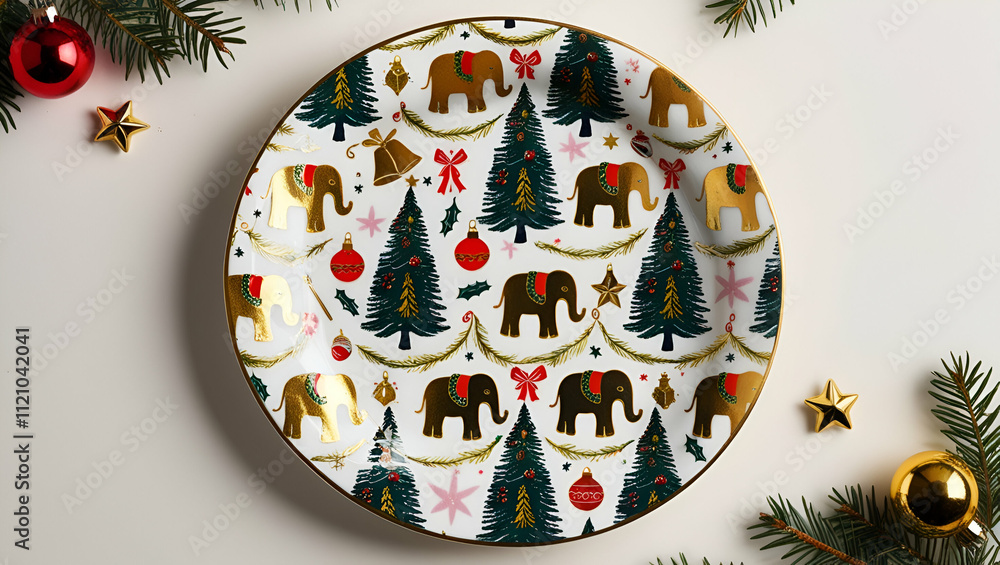 Fototapeta premium Christmas-themed porcelain plate, Anthropologie artistic style, golden elephant figures, holiday wands, magical stars, Christmas ornaments, Christmas bells, decorated pine trees, festive plate design,