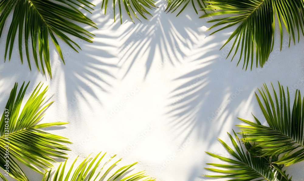 Lush tropical palm leaves cast shadows on a bright white textured background, creating a vibrant summer scene perfect for design projects or social media. Lush tropical palm leaves cast shadows on a bright white textured background, creating a vibrant summer scene perfect for design projects or social media.