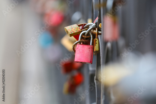 Love locks at famous Eiserner steg over the river Main. The Eiserner Steg is a pedestrian bridge in Frankfurt. photo