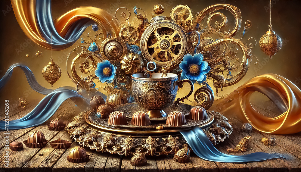 A fantastical, steampunk inspired tea composition with a gorgeous combination of blue, gold and brown, served with chocolates. A fantastical, steampunk inspired tea composition with a gorgeous combination of blue, gold and brown, served with chocolates.