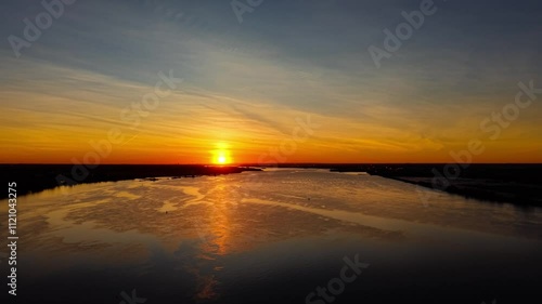 Aerial View of a Fire Sky Sunset over Delaware River photo