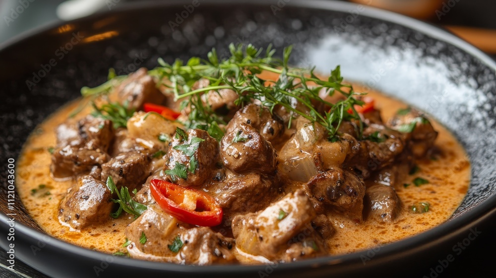 A bowl of meat and vegetables with a red sauce A bowl of meat and vegetables with a red sauce
