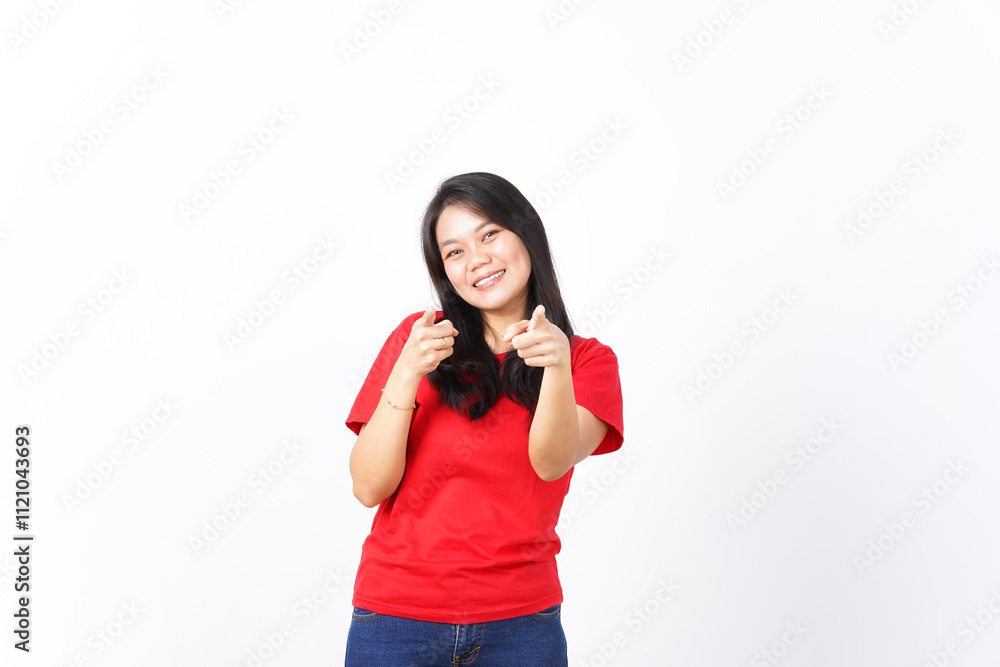 Fototapeta premium Smiling and Pointing at You or camera, I want you gesture Of Beautiful Asian Woman wearing red shirt Isolated On White Background