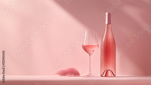 Ros  Wine Bottle and Glass on Pink Background
