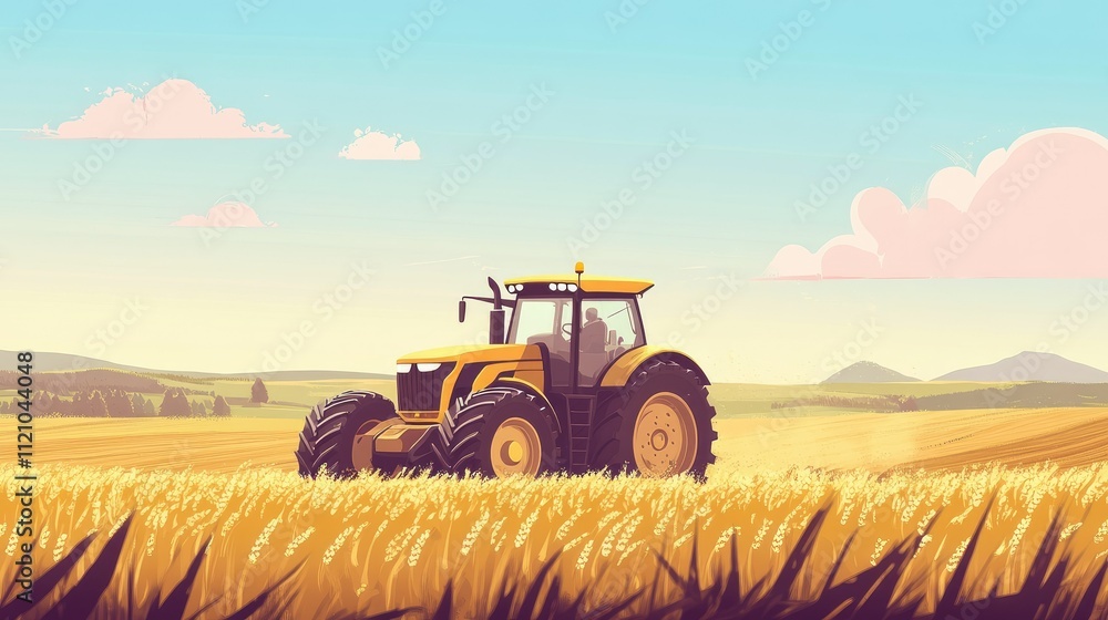 Obraz premium A biofuel-powered tractor working in a field, symbolizing sustainable farming, with space for text.