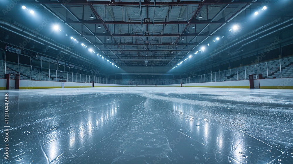 Empty futuristic industrial hall with reflective floors and lights Empty futuristic industrial hall with reflective floors and lights