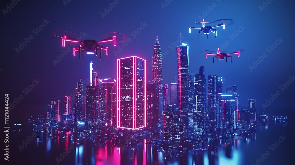 Neon cityscape at night with drones delivering packages. Neon cityscape at night with drones delivering packages.