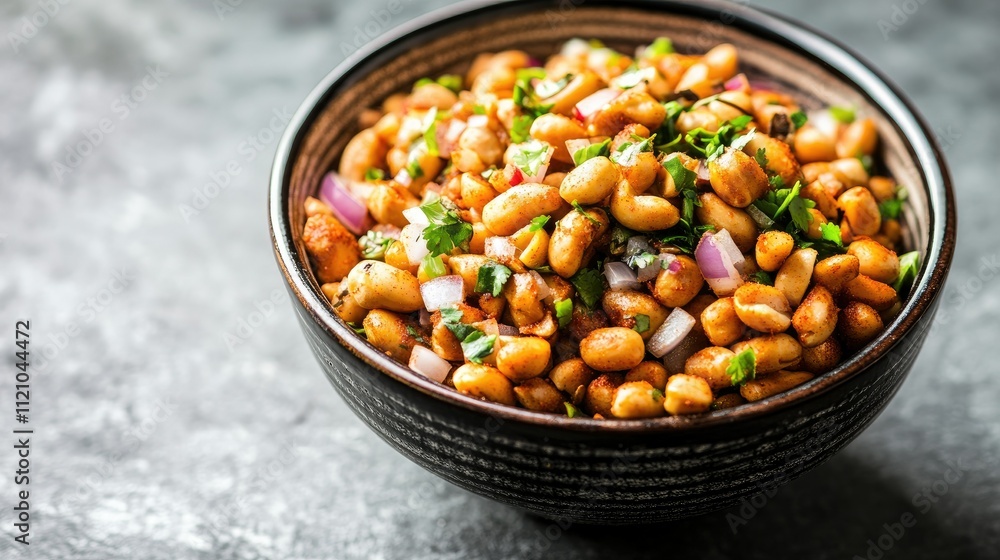 A bowl of spiced peanuts mixed with chopped onions and coriander, on a plain background with room for text. A bowl of spiced peanuts mixed with chopped onions and coriander, on a plain background with room for text.