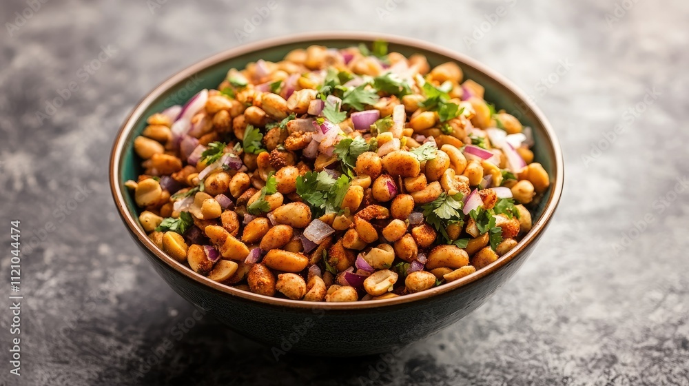 A bowl of spiced peanuts mixed with chopped onions and coriander, on a plain background with room for text. A bowl of spiced peanuts mixed with chopped onions and coriander, on a plain background with room for text.