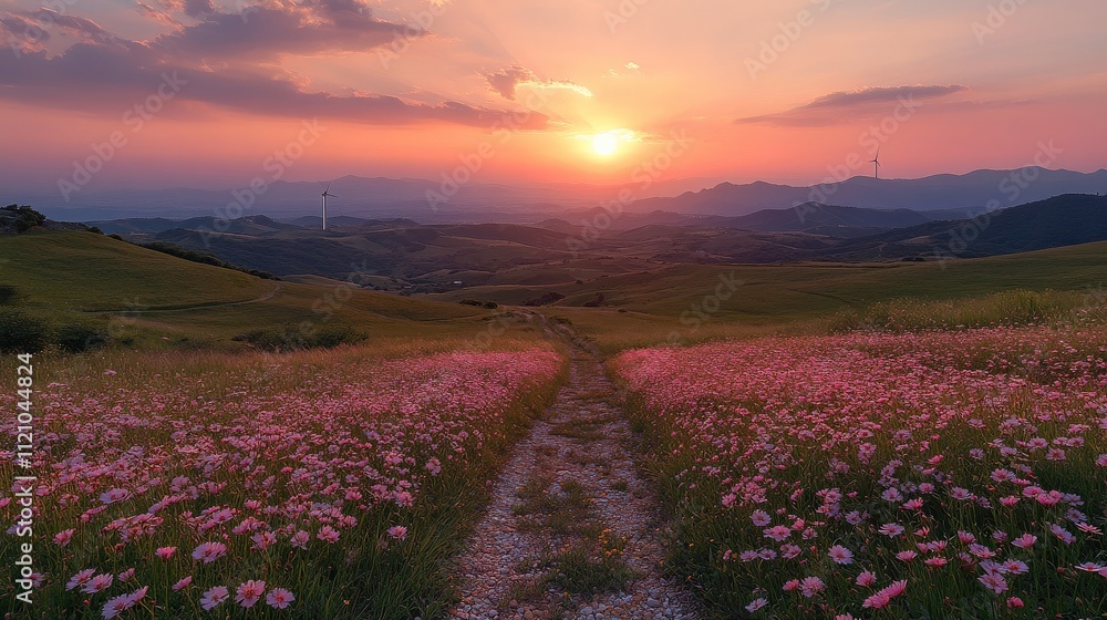Obraz premium Serene Sunset Over Rolling Hills with Blooming Pink Flowers Illuminated by Soft Evening Light in a Tranquil Landscape